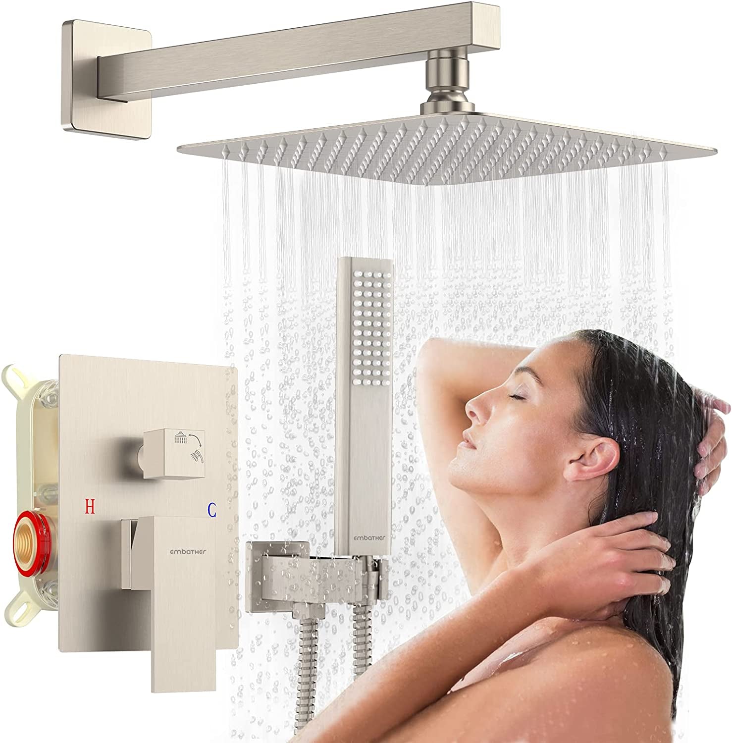 Rain Shower System Sets Faucet: 10 Inch Overhead Rainhead Shower Combo Set with Handheld and Valve-Luxury Modern Mixer Rainfall Brushed Nickel Shower Faucets Sets Complete